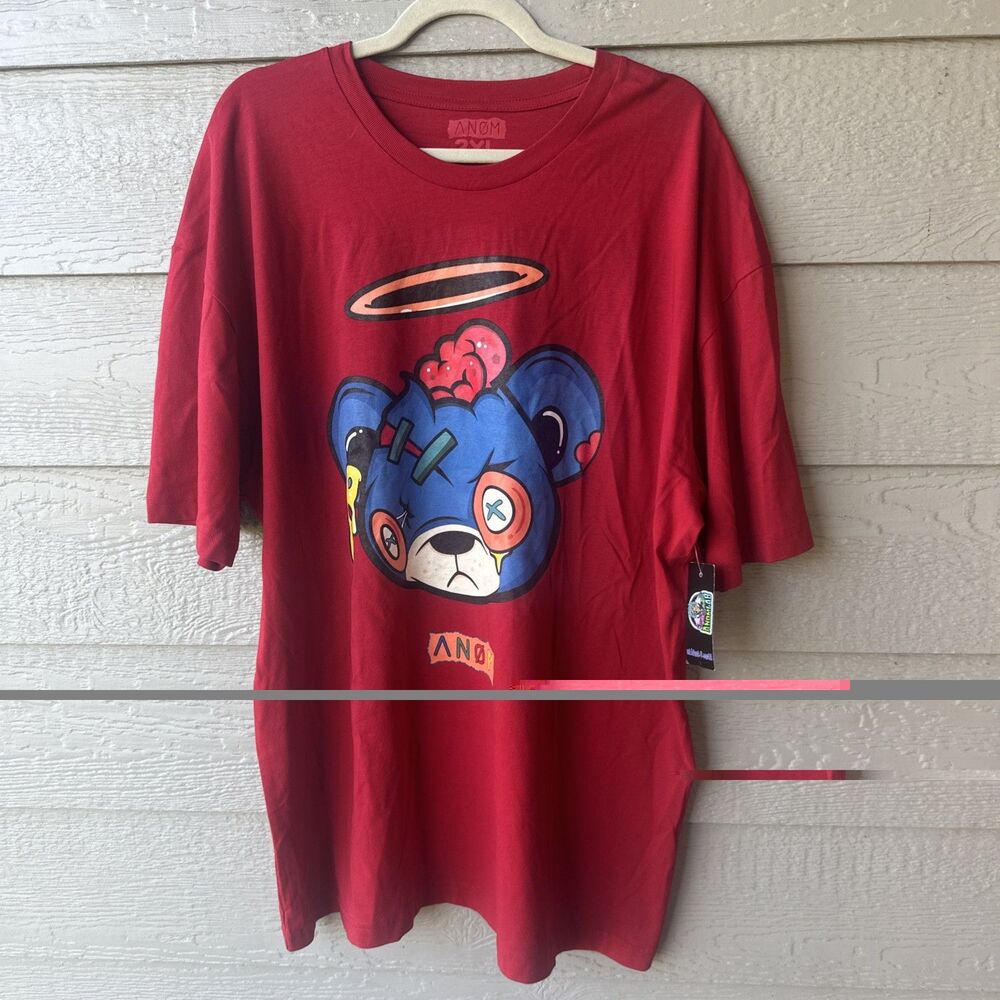 ANOM Zombie Teddy Bear Graphic T-Shirt Dark Streetwear Hip Hop Drip Tee Red 2XL